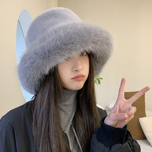 Faux <b>Fur</b> Mink Bucket Hat Gray Beige White Warm Windproof Winter Women's Hat Elegant Style Plush Fisherman Hat - Product Image 3