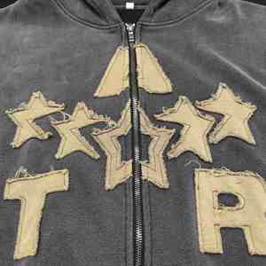 Custom Vintage Crop 100% algodón Zip up desgastado bordado parche Sudadera con capucha sudaderas con capucha de gran tamaño desgastados parches - Product Image 1