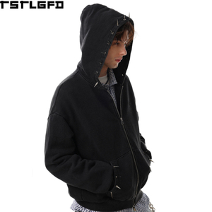 Sudadera con capucha pesada de corte y confección, con cremallera, con remaches metálicos, lavado ácido y efecto desgastado, estilo streetwear, corte holgado, al por mayor - Product Image 4