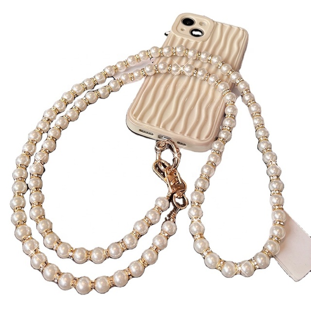 Meetee BB-016 64cm Pearl Beaded Mobile Phone Lanyard Silver Gold Crossbody Strap for Phones with Patch Handmade Accessories