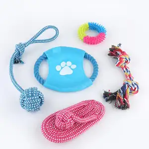 Custom pet dog chew toy 5 pack set ball rubber cotton rope squeaky dog toy