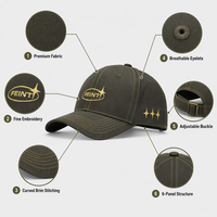 Casquette de baseball 6 panneaux 100 % coton olive foncé avec surpiqûres contrastées, broderie dorée, sangle réglable, tissu respirant et imperméable