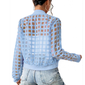 Custom <strong>Women</strong> See Through Mesh Plaid Zip <strong>Fly</strong> Lightweight Casual Sheer Bomber <strong>Jacket</strong> Transparent <strong>Jacket</strong> - Product Image 5