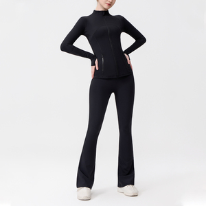 Top Luxury LL Plus Slim Fit <b>Legging</b> Tight Gold Zipper Yoga Jacket <b>Flared</b> Pants Set Suitable for Yoga and Fitness Use - Product Image 1