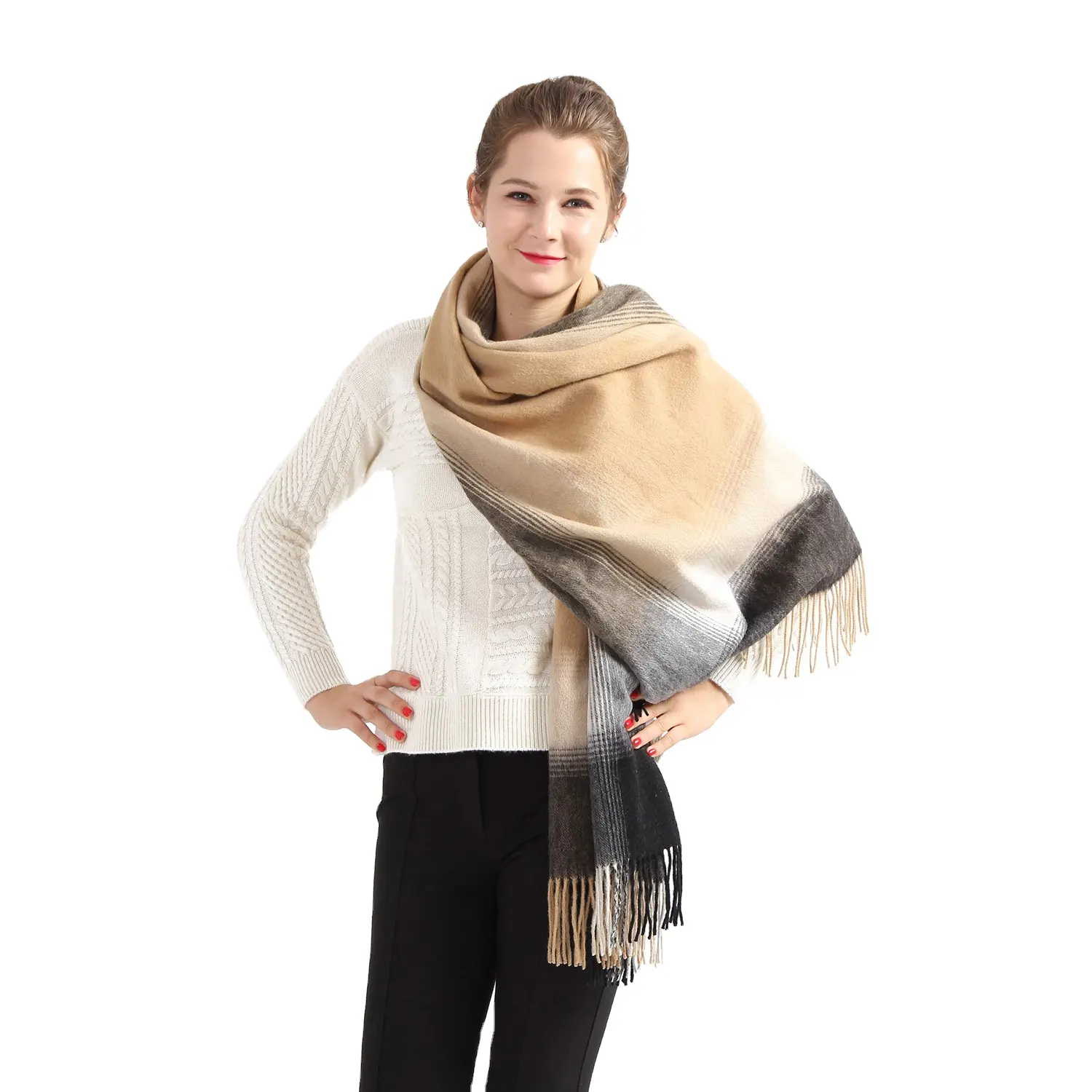 Hiver laine Cozy Stylish Double Side 100% laine Echarpe Châle Camel Gradient Color Plaid Hiver Femmes Châle Cachemire