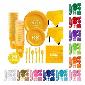 Ensemble de vaisselle jetable personnalisé avec logo, 142 pièces, pour fête d'anniversaire, comprenant assiettes en papier, nappe, gobelets, serviettes, couteaux, fourchettes et cuillères - Product Image 1