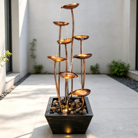 Décoration intérieure en métal, lumière LED annulaire, fontaine à eau en forme de lotus à trois niveaux pour cour