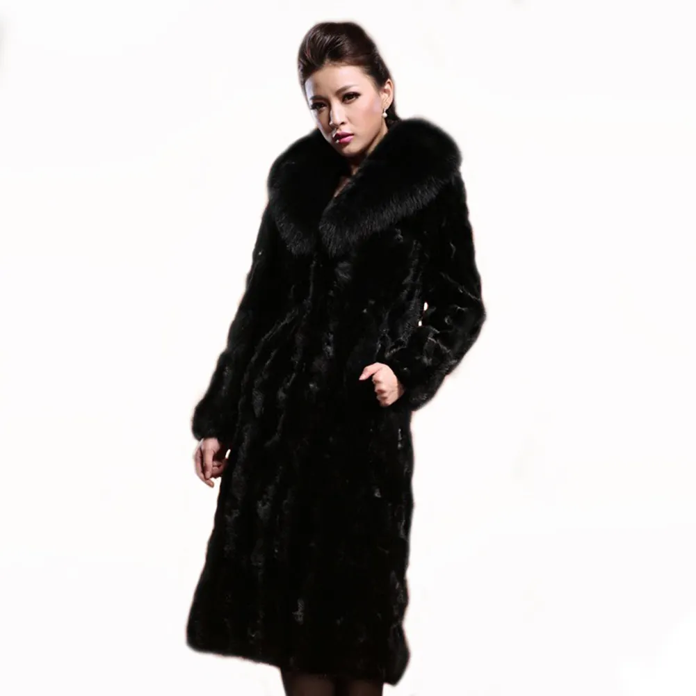 Faux Fur Jacket Long Coat Rabbit Black Fur Collar Turn Down Long S-6XL Plus Size Women's Winter Jacket