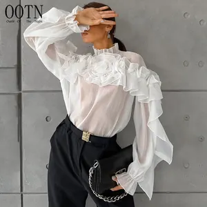 OOTN Elegant Ruffled Red Shirts Blouses For Women 2024 Fashion Flowers Long Sleeve Loose Shirts Spring Party Stand Collar Tops