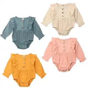Wholesale Infant Long Sleeve Plain Color Jumpsuit Ruffle Rompers With Headband Toddler Girl Clothes Baby Rompers