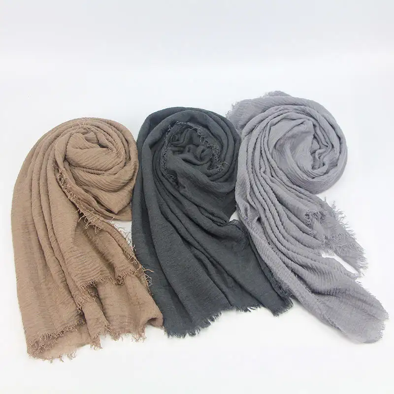 Customized Logo Shawl Hijabs Solid Color Cotton Linen Women Muslim Headscarf New Pleated Monochrome Wool Shaved Scarf Hijabs