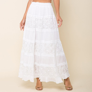 กระโปรงแฟชั่นฤดูร้อนสำหรับผู้หญิงกระโปรงยาวปักลายโบฮีเมียนสีขาวผ้าฝ้าย100% - Product Image 1