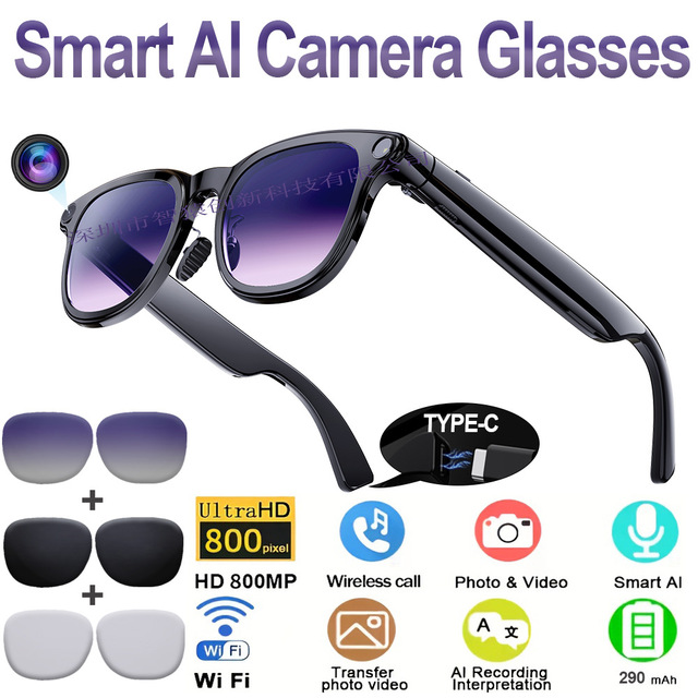 Smart Glasses 8MP Camera Multi-Function Photo Video Real-Time Translation Meeting Record Everything Recognition AI Glasses