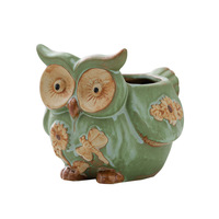Pot Bunga Keramik Mini Kartun Kreatif yang Lucu, Dekorasi Hewan Kecil yang Dipersonalisasi, Burung Hantu Modern, Berlapis Kiln, Warna Hijau Perunggu