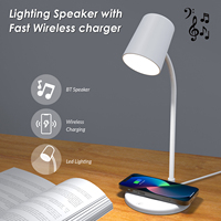 Lampe de bureau en bambou 3-en-1 avec source de lumière LED + haut-parleur + chargeur sans fil 15W