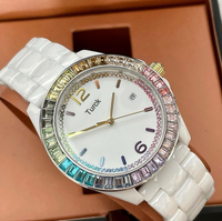 Montre de luxe pour femme COACHSE, avec cristaux colorés brillants, bracelet en céramique, mouvement à quartz, cadran à aiguilles, accents de diamants, verre minéral