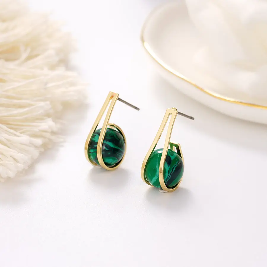 Malachite Bead Fashion Jewelry Stud Earrings Custom Made Genuine Gemstone 18k Gold BRASS CLASSIC Party Earring Geometric ISO9001