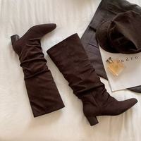 Bottes d'équitation montantes en cuir véritable à bout pointu et talon épais pour l'hiver