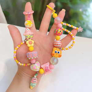 Creative Hand-Painted Plastic Bead Dinosaur Anime Fabric Embroidered Phone Keychain Decorative Key Holder Gift Bag Lanyard