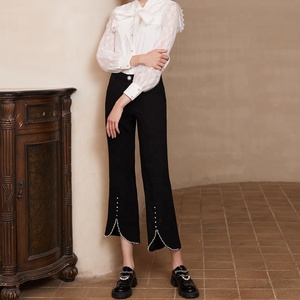 Women Office Elegance Black Straight Pants Casual Loose Trousers Women Black <strong>Flares</strong> With Beaded Bottom - Product Image 2