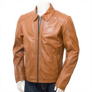 Veste en cuir véritable pour homme, col chemise, en cuir de vachette, avec empiècements et poches latérales, style classique, chaude pour l'hiver, nouvelle collection - Product Image 1