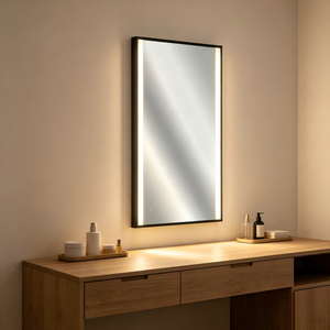 Vertical Narrow Black Aluminum Frame LED Bathroom <b>Mirror</b>, Side Warm Light Strip, Touch Control Wall Mounted <b>Smart</b> Vanity <b>Mirror</b> - Product Image 2