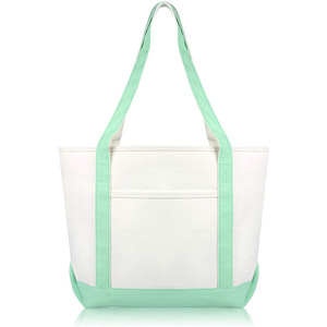 Elegante bolso de compras de lona con logotipo Cierre de cremallera superior Bolsillo externo para artículos esenciales diarios Bolsa de almacenamiento de algodón para comestibles - Product Image 3