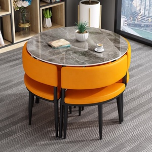 GEDO Light Luxury Customized PU <strong>Leather</strong> <strong>Chair</strong> <strong>Dining</strong> Room <strong>Sets</strong> Round Rock Plate <strong>Dining</strong> Table with <strong>4</strong> <strong>Chairs</strong> <strong>Set</strong> - Product Image 2