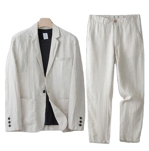 Completo Estivo da <span class=keywords><strong>Uomo</strong></span> in Cotone e <span class=keywords><strong>Lino</strong></span>, Giacca Larga con Protezione Solare, Set 2 Pezzi con Bottoni - Product Image 2