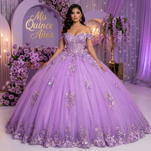 Lsany272 Precioso Vestido de Quinceañera Lavanda con Falda de Gala, Apliques Florales de Encaje con Cuentas, Cola Capilla, Escote Corazón, Maternidad 100% - Product Image 1