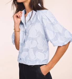 Blue Cotton Jacquard Solid & Floral Print Bubble Sleeve Turn-<b>down</b> Collar Elegant Women's Blouse Anti-Pilling Washable - Product Image 2