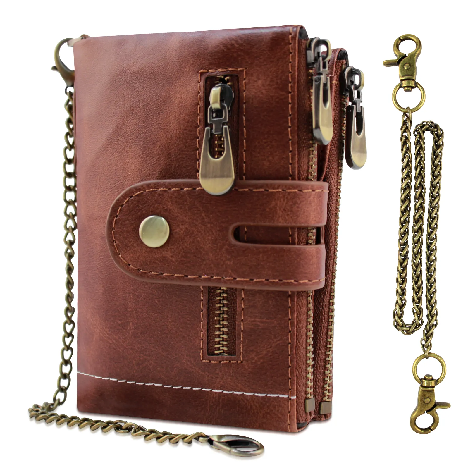 BOSHIHO Pu Leather Purse Custom logo RFID Blocking Bifold Double Zipper Coin Pocket with Anti-Theft Chain Mens Wallet