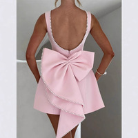 Robe d'été chic pour femme, style A-line, ornée de perles et d'un nœud, coupe ajustée, dos nu, en polyester, idéale pour les soirées mondaines