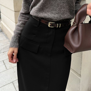 Front Fake <strong>Pockets</strong> Elegant Maxi Women's High Waisted <strong>Skirt</strong> Ladies Office Wear Long <strong>Black</strong> <strong>Skirts</strong> - Product Image 2