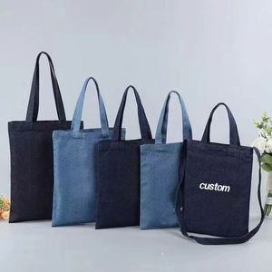 Custom Blue Vintage Denim Jean Tote <b>Bag</b> Large Capacity Student Satchel with Fashionable Logo Printing Canvas <b>Material</b> - Product Image 1