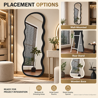 Miroir sur pied avec cadre ondulé, grand miroir de salle de bain sur pied avec base en bois, miroir de sol moderne et décoratif