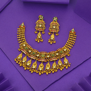 Conjunto de collar de oro tradicional del sur de la India con aretes, diseño de joyería de templo antiguo, para novias, joyería festiva pesada. - Product Image 1