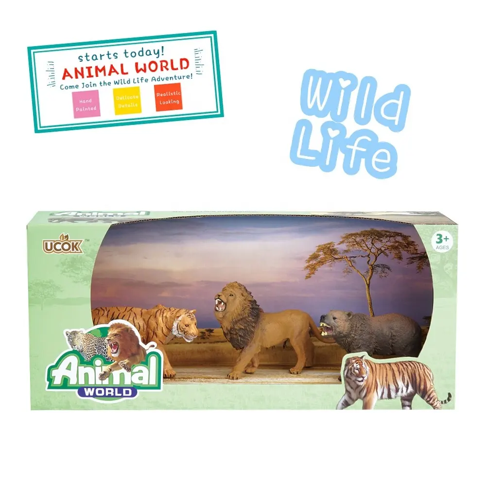 Woodland Animals Figurines Toys, 3 Piece Realistic Plastic Wild Forest Animals Tiger Lion