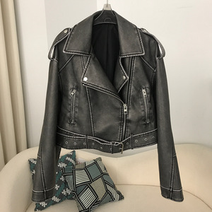 Chaqueta <span class=keywords><strong>de</strong></span> <span class=keywords><strong>cuero</strong></span> recortada para <span class=keywords><strong>mujer</strong></span> estilo motociclista ajustada con cuello <span class=keywords><strong>de</strong></span> solapa con muescas a la moda <span class=keywords><strong>de</strong></span> primavera y otoño - Product Image 2