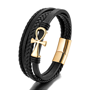 Hand-woven Leather Magnetic Snap Stainless Steel Cross Shelf Bracelet <b>Men</b> Multi-layer Leather Cord Bracelet More Than Ornament - Product Image 1
