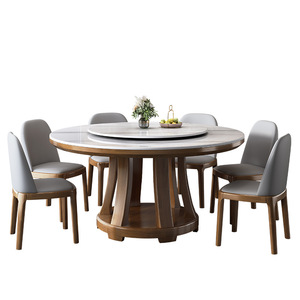 Table à manger ronde en pierre frittée avec plateau tournant, base en bois massif, design moderne et minimaliste pour salle à manger à domicile - Product Image 5