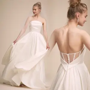 2023 מכירה לוהטת שרוולים סאטן חתונה שמלת להצטרף חתונה נשים אלגנטי ללא משענת חולצת סטרפלס כדור שמלת שמלת כלה לחתונה
