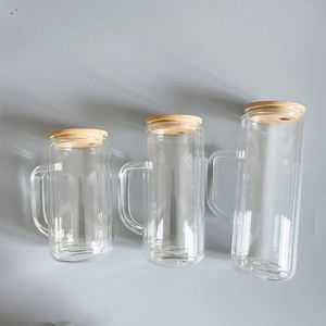 Pre-drilled 12oz 15oz 20oz Double Walled Crystal clear <b>Glass</b> Snow Globe Glitter <b>Tumbler</b> with Handle and clear Plastic Straw - Product Image 4
