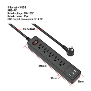 Regleta de alimentación estadounidense con cable de extensión USB regleta de alimentación con fusible y regleta de Seguridad para Oficina
