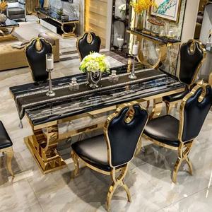 Set da Pranzo di Lusso per Ristorante, Tavolo Rettangolare in Marmo con Sedie in Acciaio Inox Nero <span class=keywords><strong>e</strong></span> Oro, 6 Posti - Product Image 5