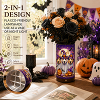 Adorable Veilleuse LED 3D Imprimée Personnalisée en PLA sur Base en Bois, Thème Chiot Citrouille Halloween, avec Télécommande et Fonction Vase Double Usage