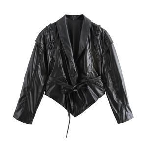 Chaqueta corta de cuero PU con estilo para mujer, Moda de Primavera, estilo callejero, chal, cuello, botón a prueba de viento, <span class=keywords><strong>faja</strong></span>, chaqueta de cuero para mujer - Product Image 3