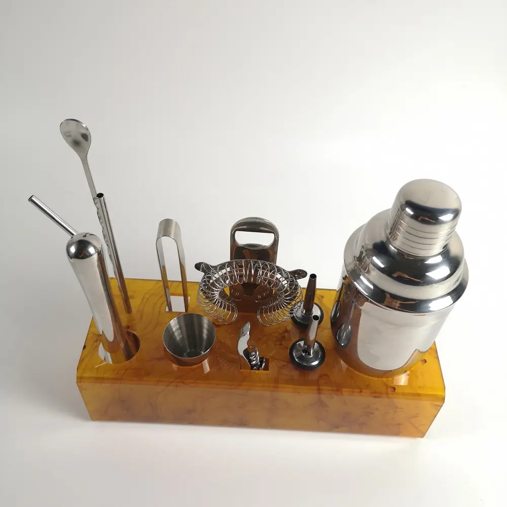 High Quality Lucite 12 Pieces Bar Tool Set Display Holder Amber Color Acrylic Cocktail Shaker Display Stand