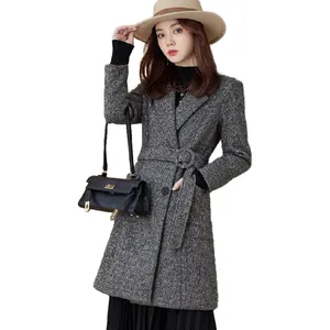 Großhandel Frauen Winter Tweed Blazer Verdickte Gürtel Jacke Solid Pattern Lang mantel Damen Büro tragen elegante weibliche Kleidung