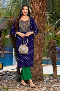 Nueva colección Diseñador Rayon Gold Print Kurti con bordado Work y pantalón a juego Perfecto para el uso regular de la India - Product Image 3